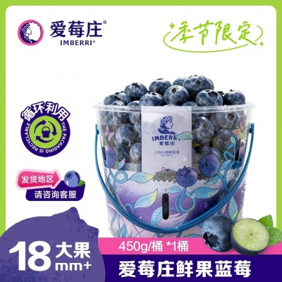 爱莓庄 鲜果蓝莓桶装 脆甜人工采摘 18mm+ 450g/桶 源头直发
